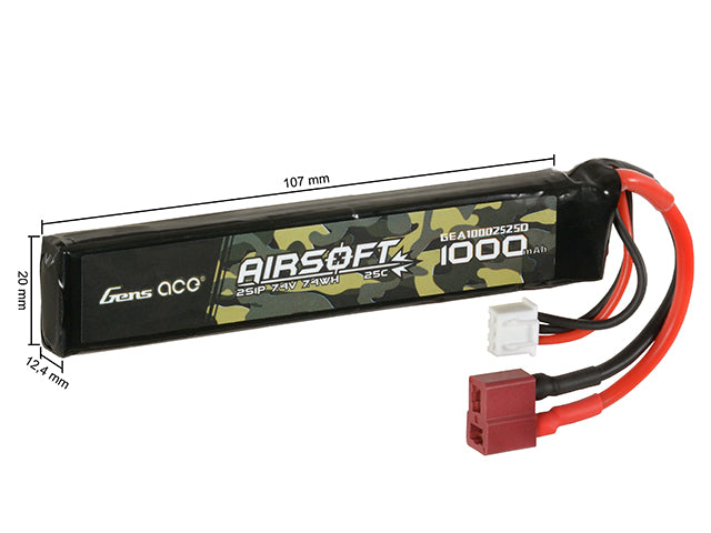 Gens Ace 25C 1000mAh 2S1P 7.4V Airsoft LiPo Akku T-Plug 2