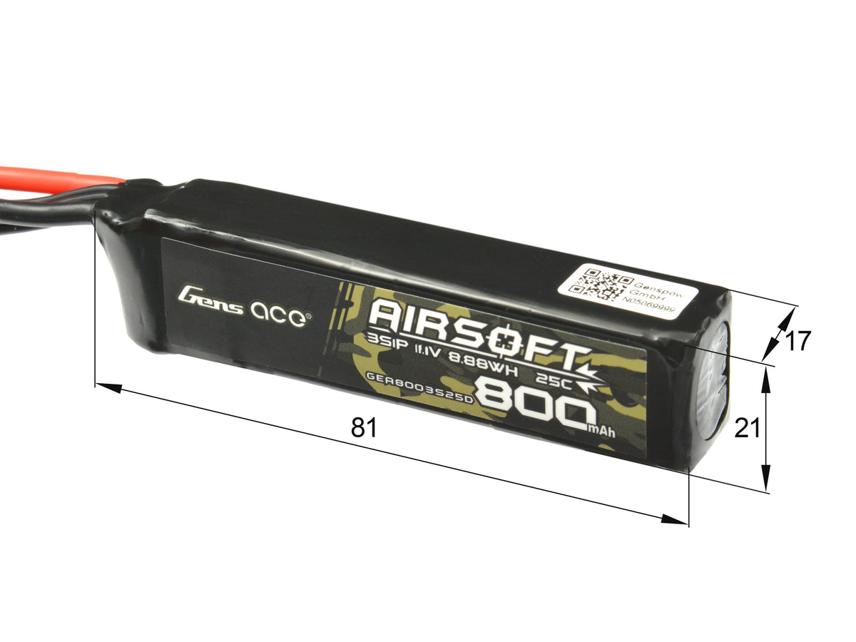 AIRSOFT Akku 25C 800MAH 3S1P 11.1V LIPO GENS ACE G-TECH T-PLUG 3